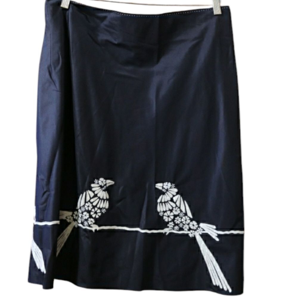 Rajeshpratasingh Vintage Black Silk Bird Midi Skirt XL